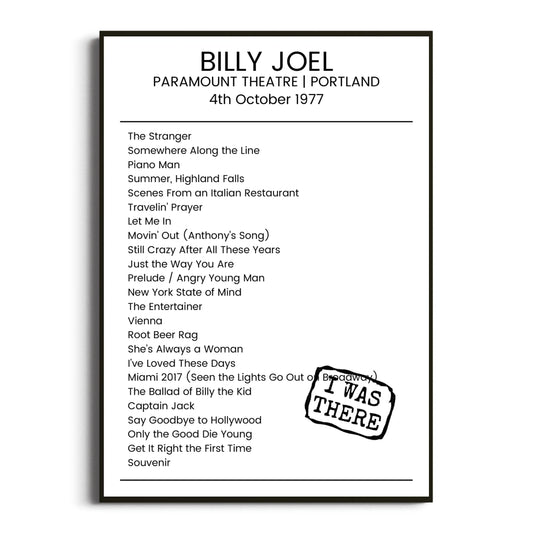 Billy Joel Portland 04 October 1977 Setlist Poster