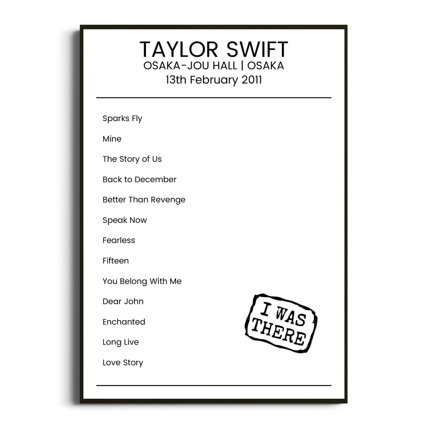 Taylor Swift Osaka 13 February 2011 Setlist Poster