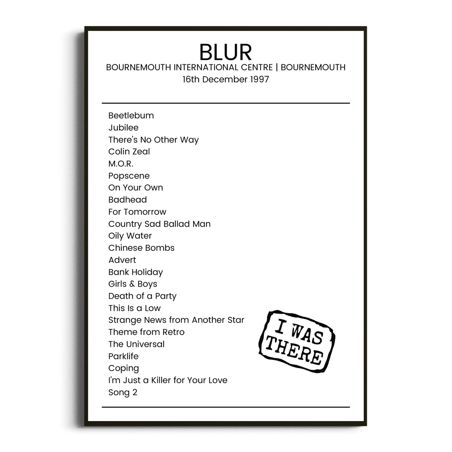 Blur Bournemouth 16 December 1997 Setlist Poster