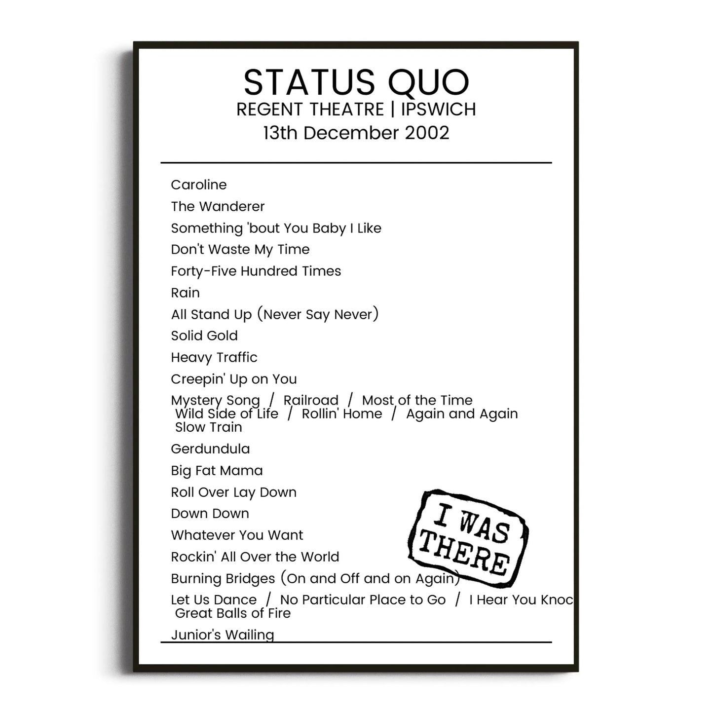 Status Quo Ipswich 13 December 2002 Setlist Poster