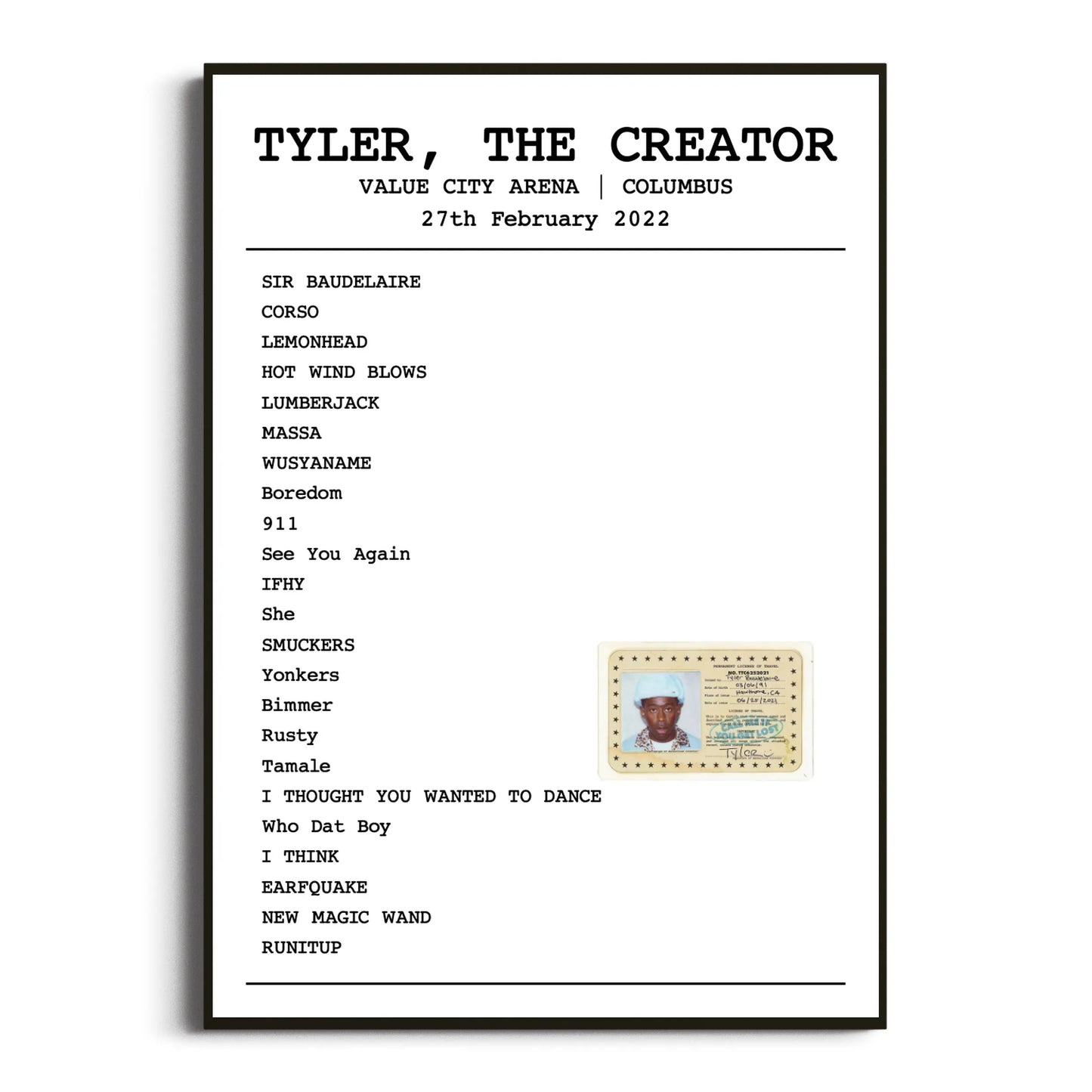 Tyler, The Creator Columbus 27 February 2022 Setlist Poster