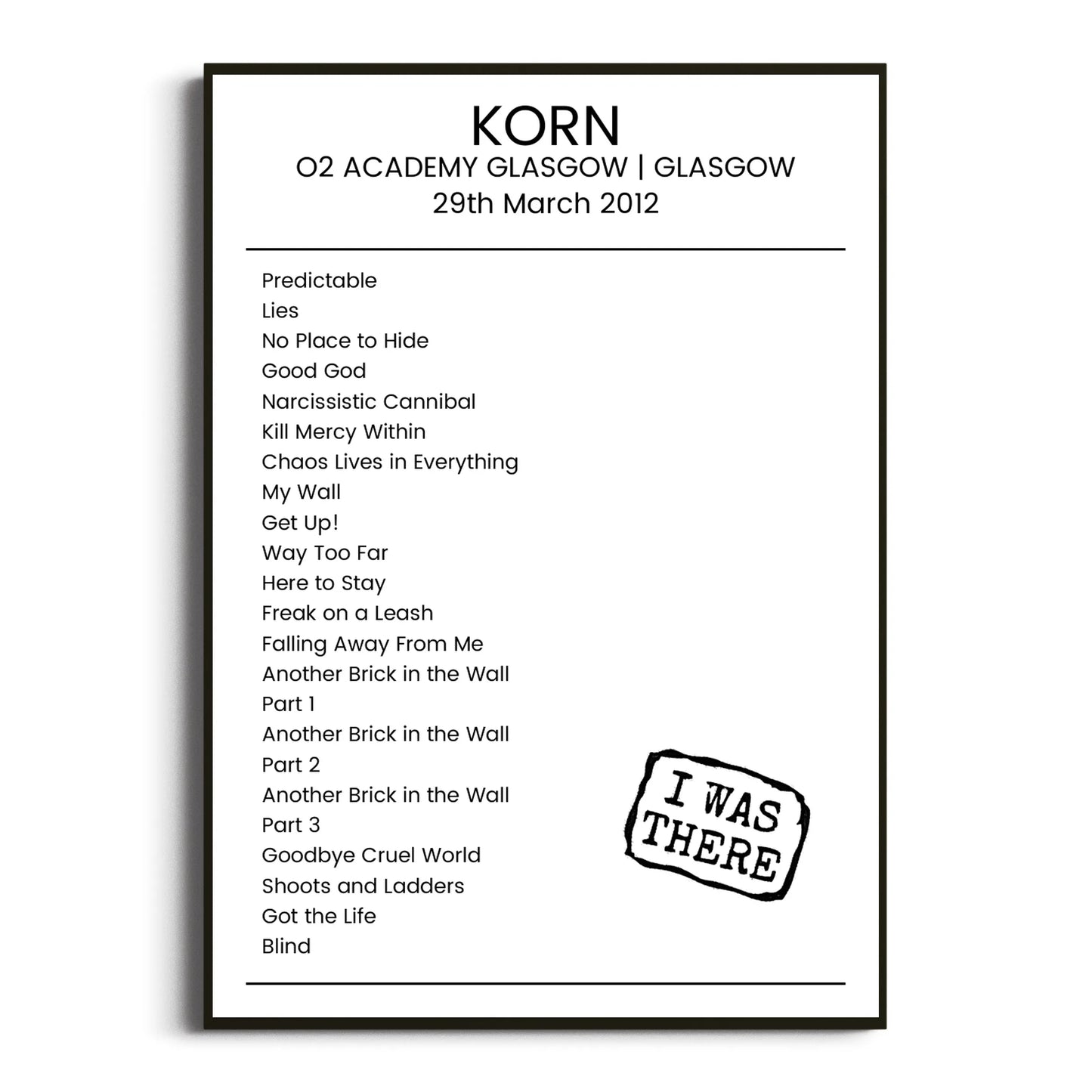 Korn Glasgow 29 March 2012 Setlist Poster