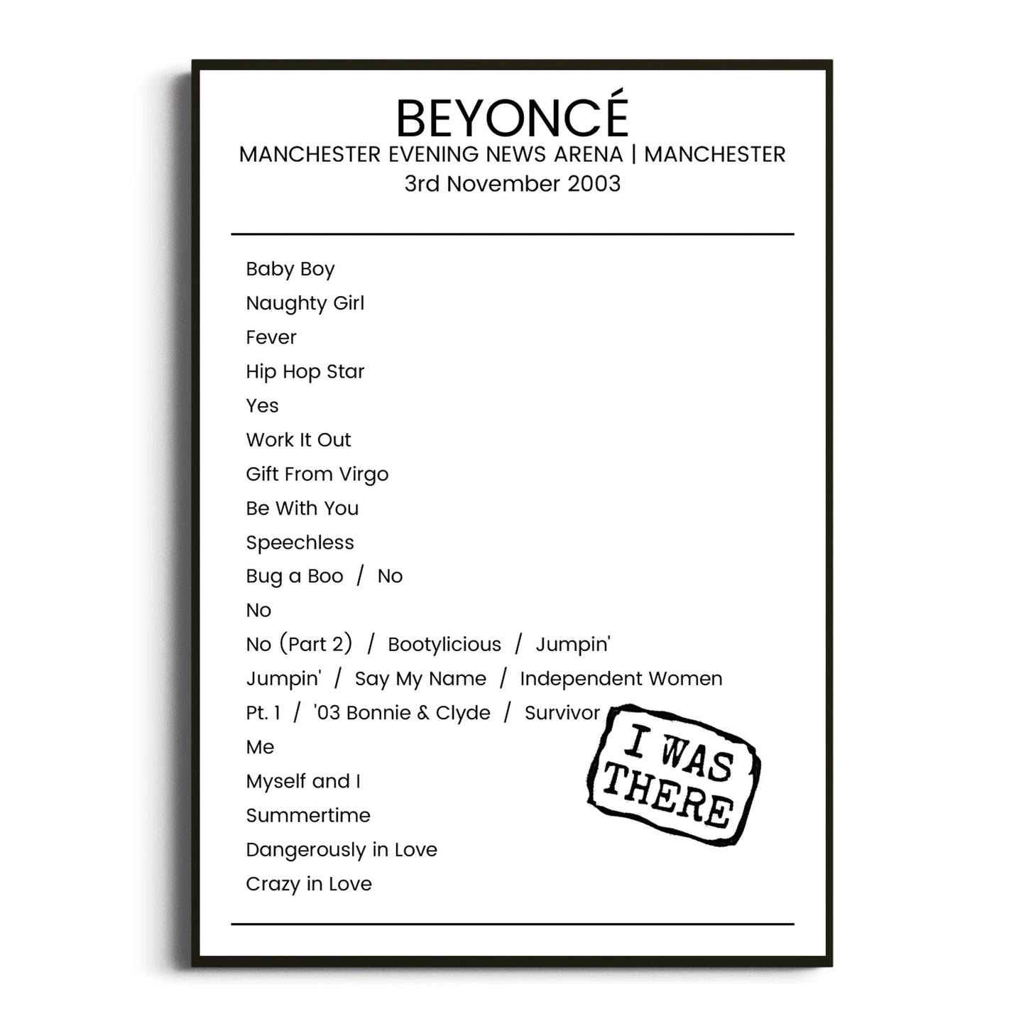 Beyoncé Manchester 03 November 2003 Setlist Poster