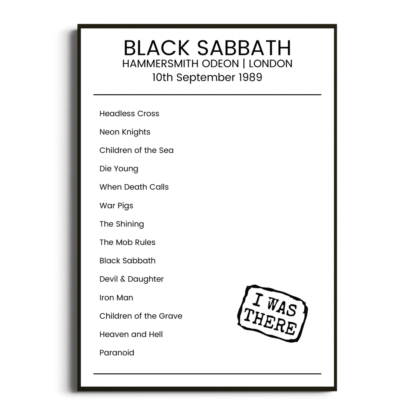 Black Sabbath London 10 September 1989 Setlist Poster