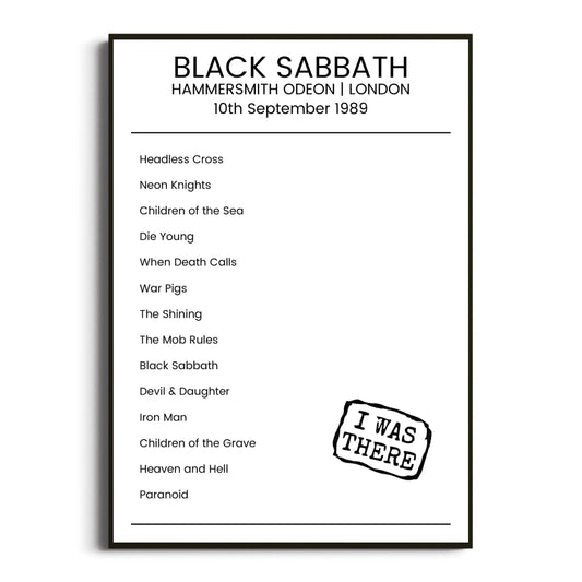 Black Sabbath London 10 September 1989 Setlist Poster