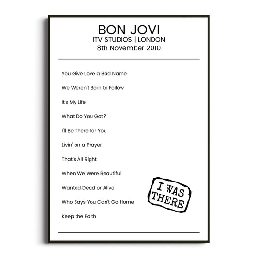 Bon Jovi London 08 November 2010 Setlist Poster