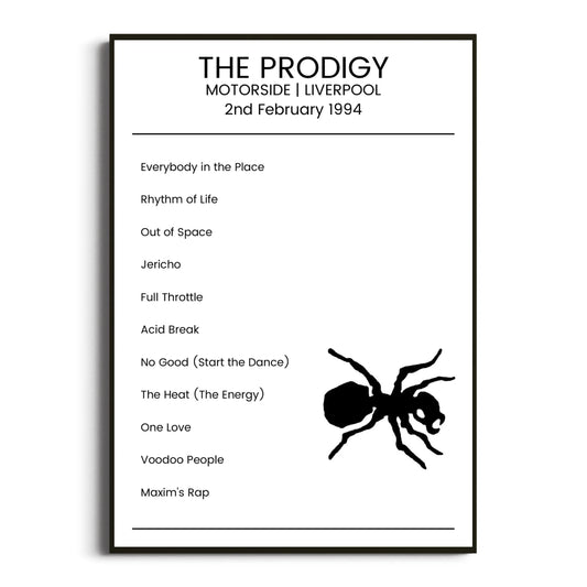 The Prodigy Liverpool 02 February 1994 Setlist Poster