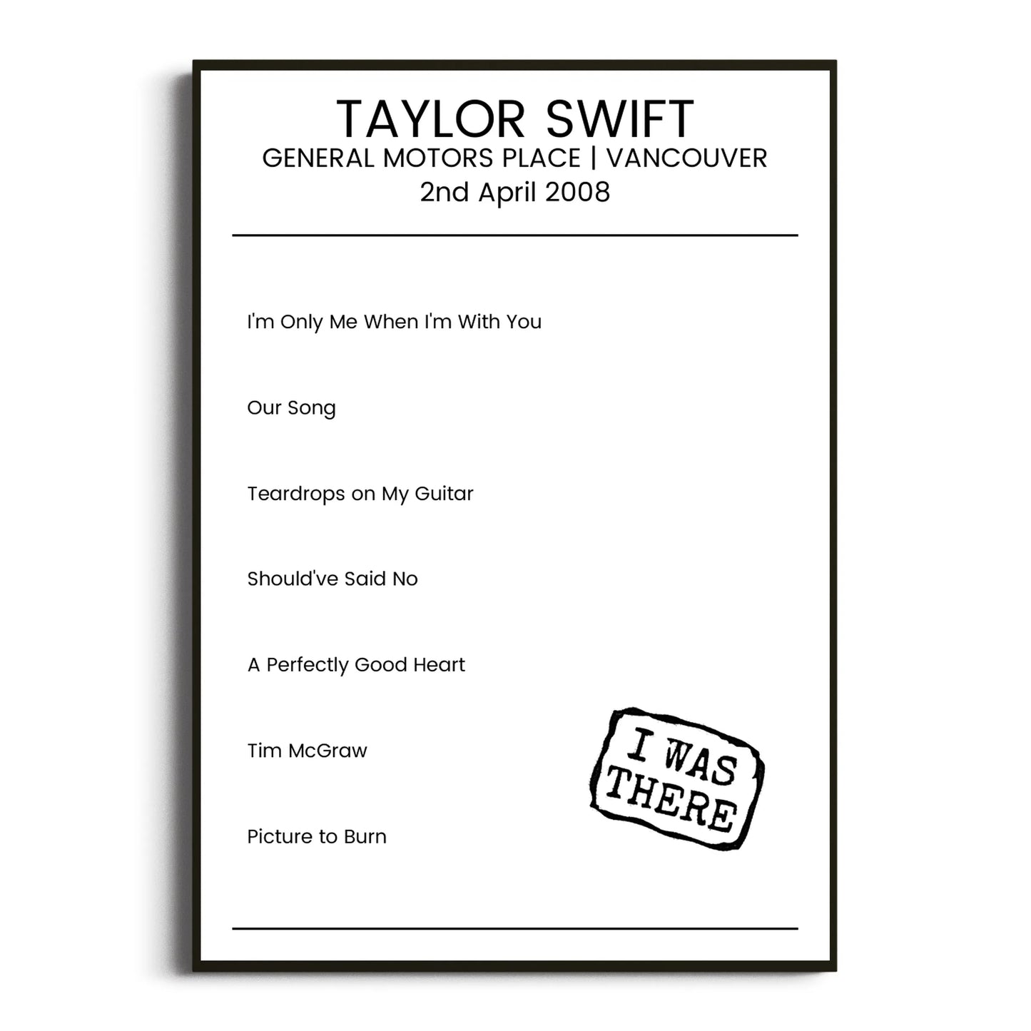 Taylor Swift Vancouver 02 April 2008 Setlist Poster