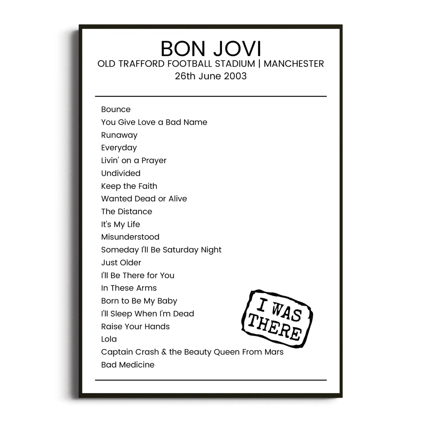 Bon Jovi Manchester 26 June 2003 Setlist Poster