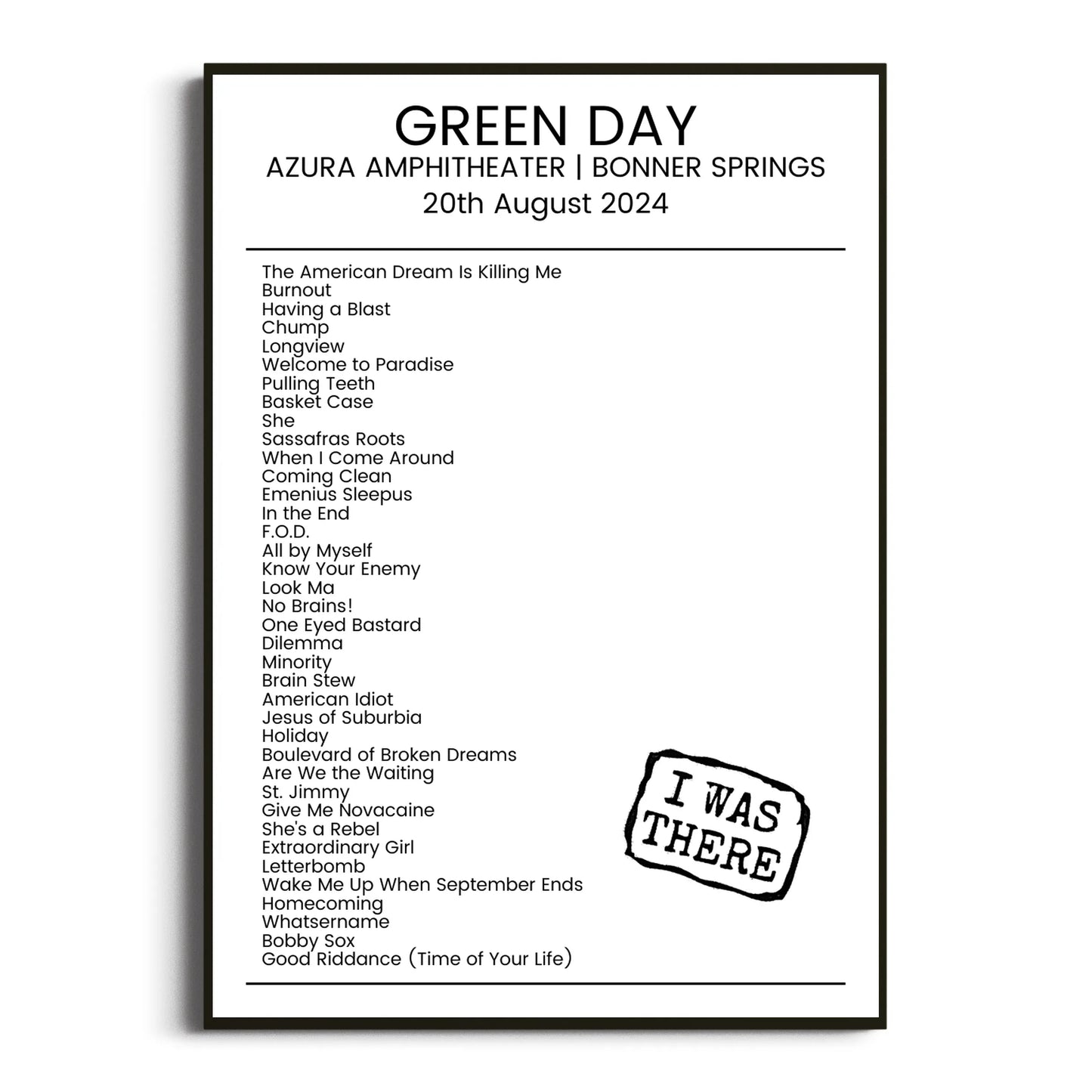 Green Day Bonner Springs 20 August 2024 Setlist Poster