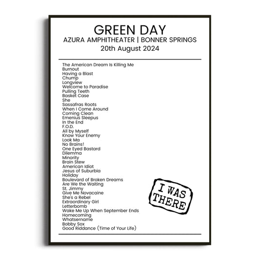 Green Day Bonner Springs 20 August 2024 Setlist Poster