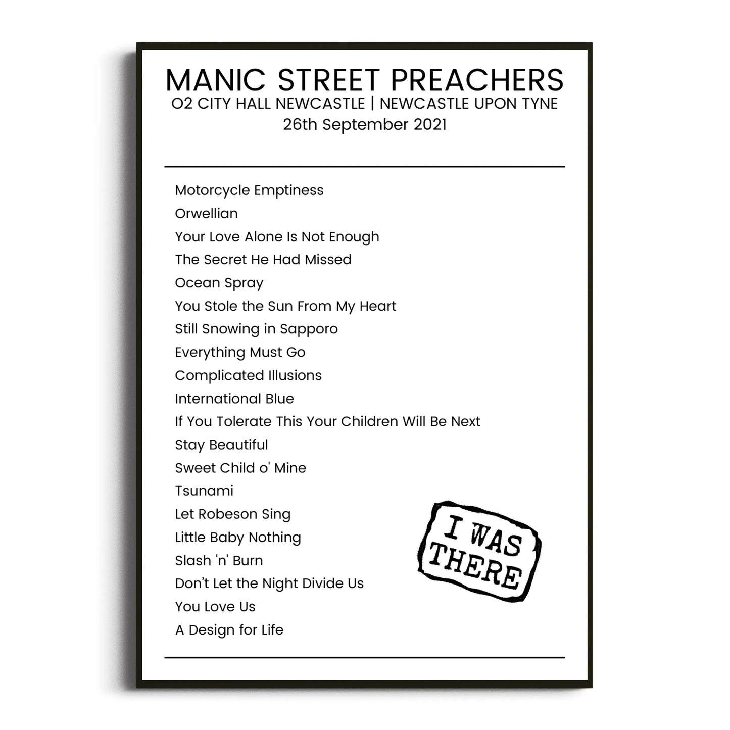 Manic Street Preachers Newcastle upon Tyne 26 September 2021 Setlist Poster