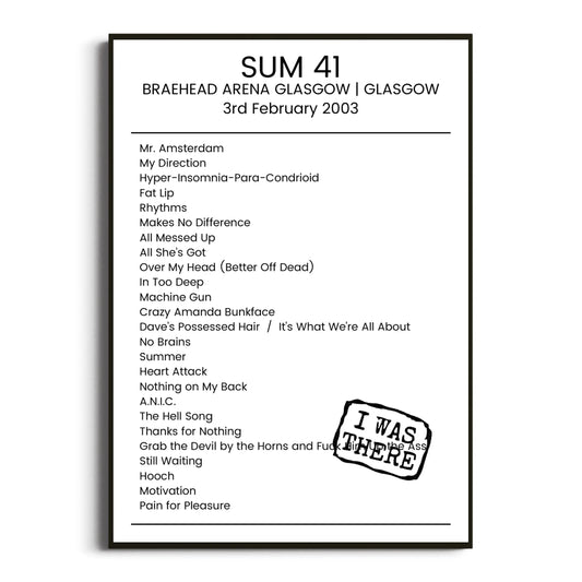 Sum 41 Glasgow 03 February 2003 Setlist Poster