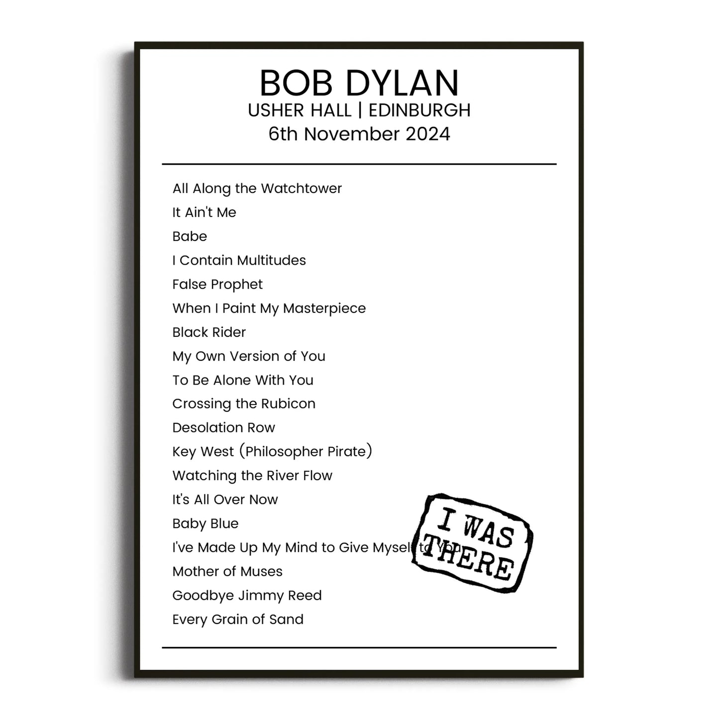 Bob Dylan Edinburgh 06 November 2024 Setlist Poster