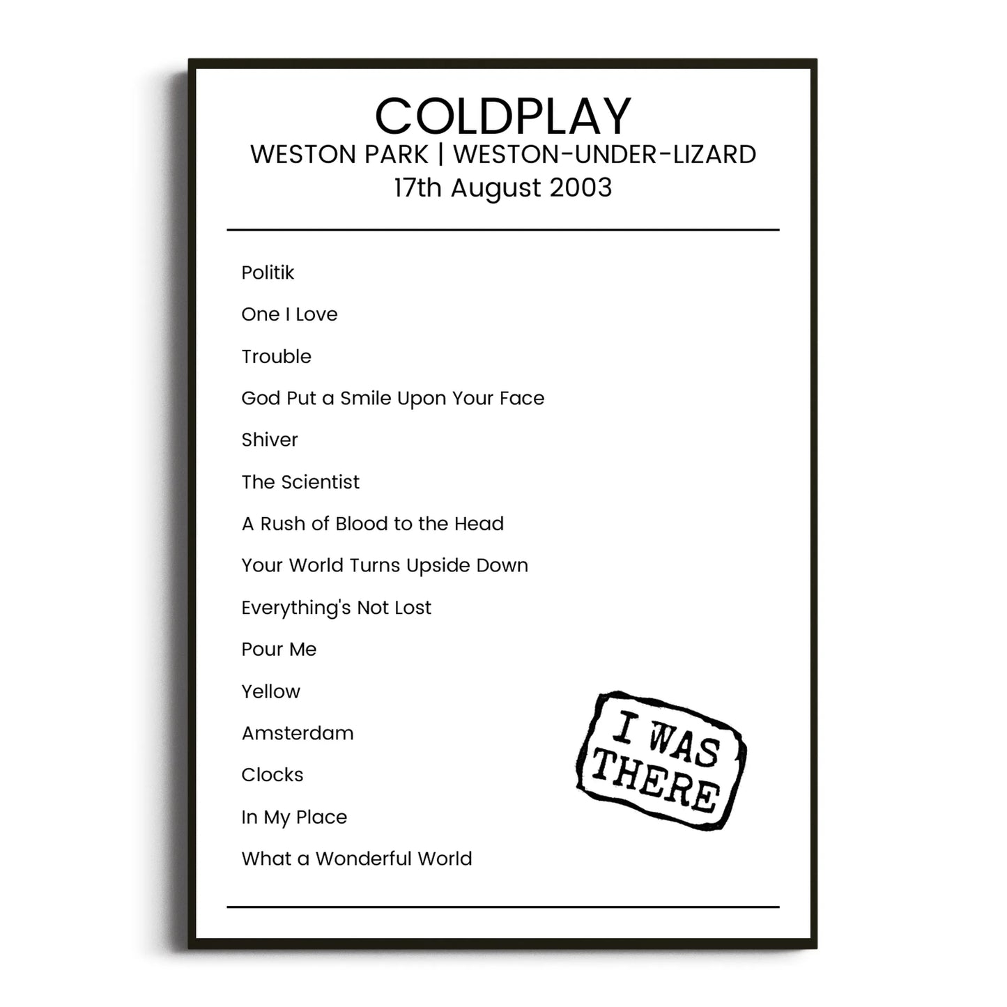 Coldplay Weston-under-Lizard 17 August 2003 Setlist Poster