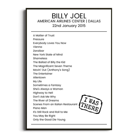 Billy Joel Dallas 22 January 2015 Setlist Poster