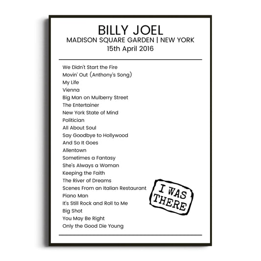 Billy Joel New York 15 April 2016 Setlist Poster