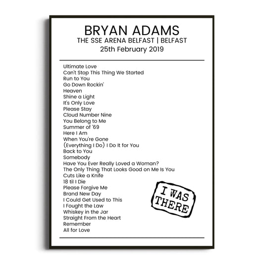 Bryan Adams Belfast 25 February 2019 Setlist Poster