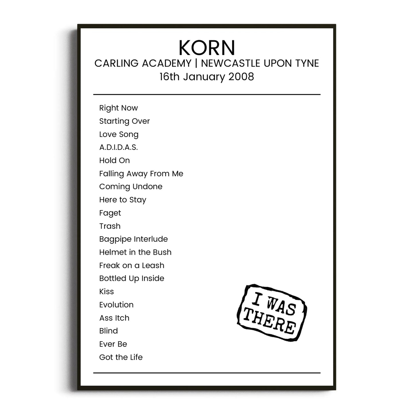 Korn Newcastle upon Tyne 16 January 2008 Setlist Poster