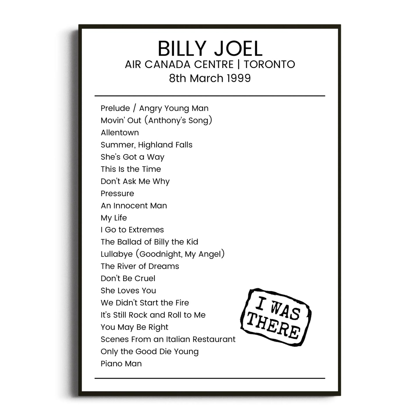 Billy Joel Toronto 08 March 1999 Setlist Poster