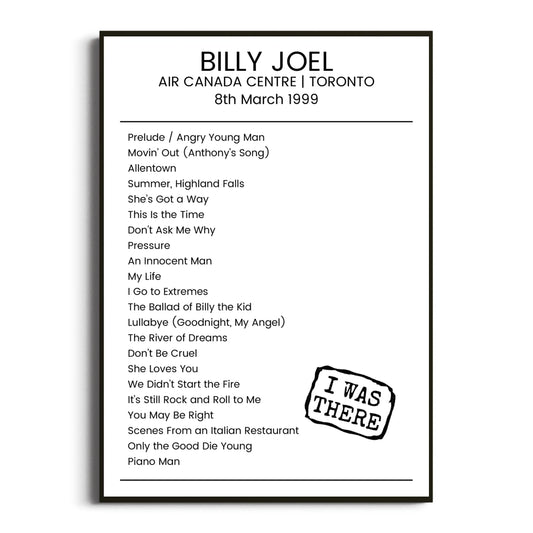 Billy Joel Toronto 08 March 1999 Setlist Poster