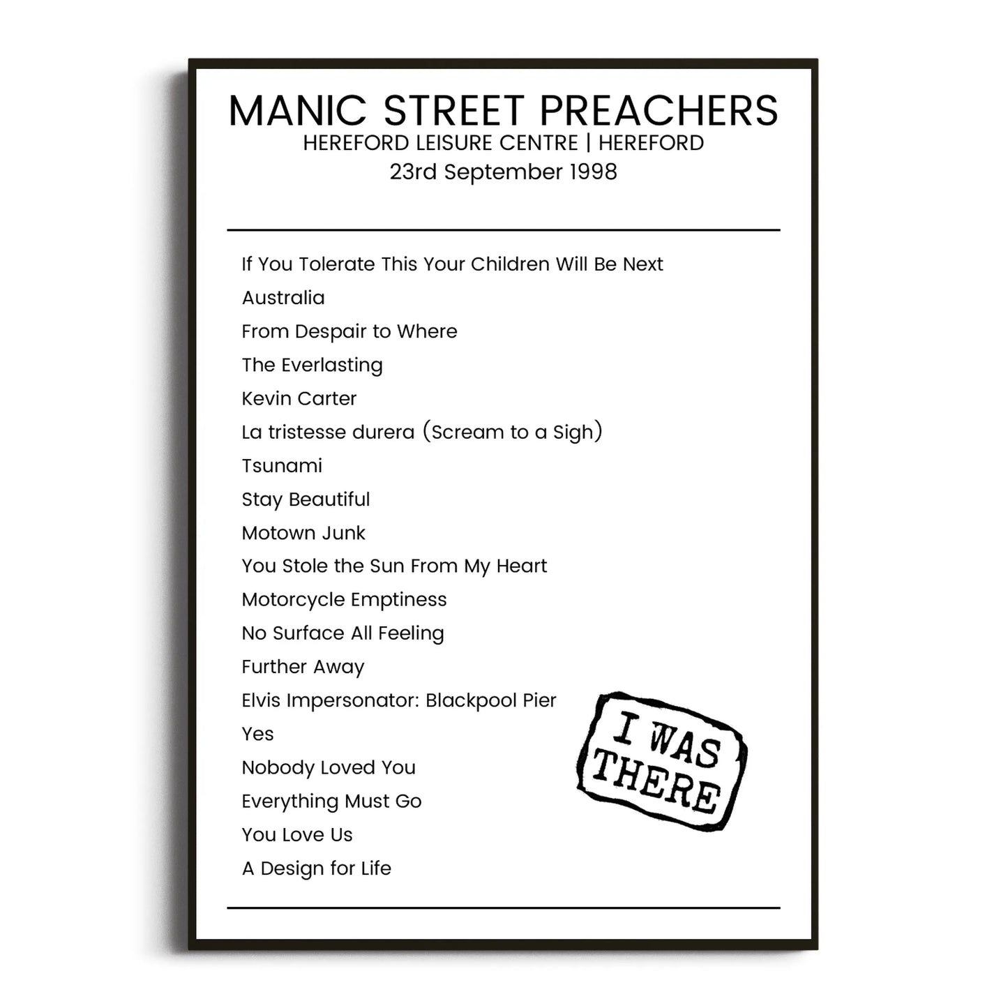 Manic Street Preachers Hereford 23 September 1998 Setlist Poster