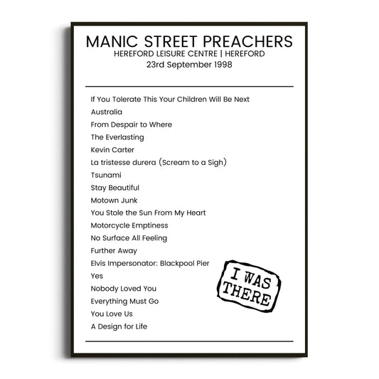 Manic Street Preachers Hereford 23 September 1998 Setlist Poster