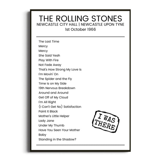 The Rolling Stones Newcastle upon Tyne 01 October 1966 Setlist Poster