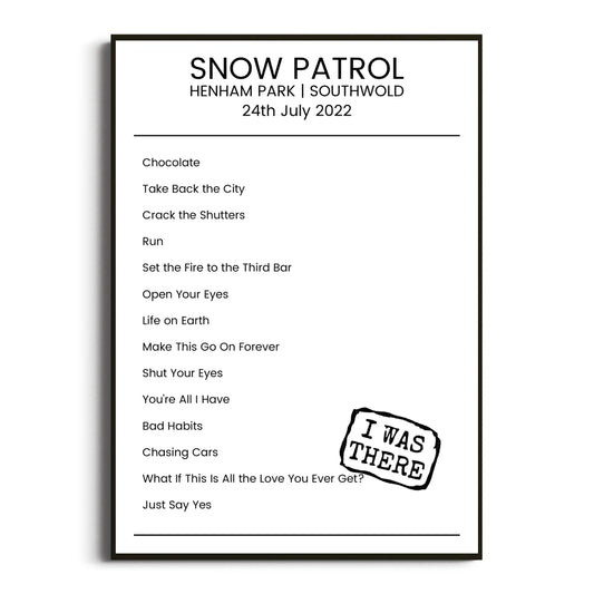 Snow Patrol Southwold 24 July 2022 Setlist Poster