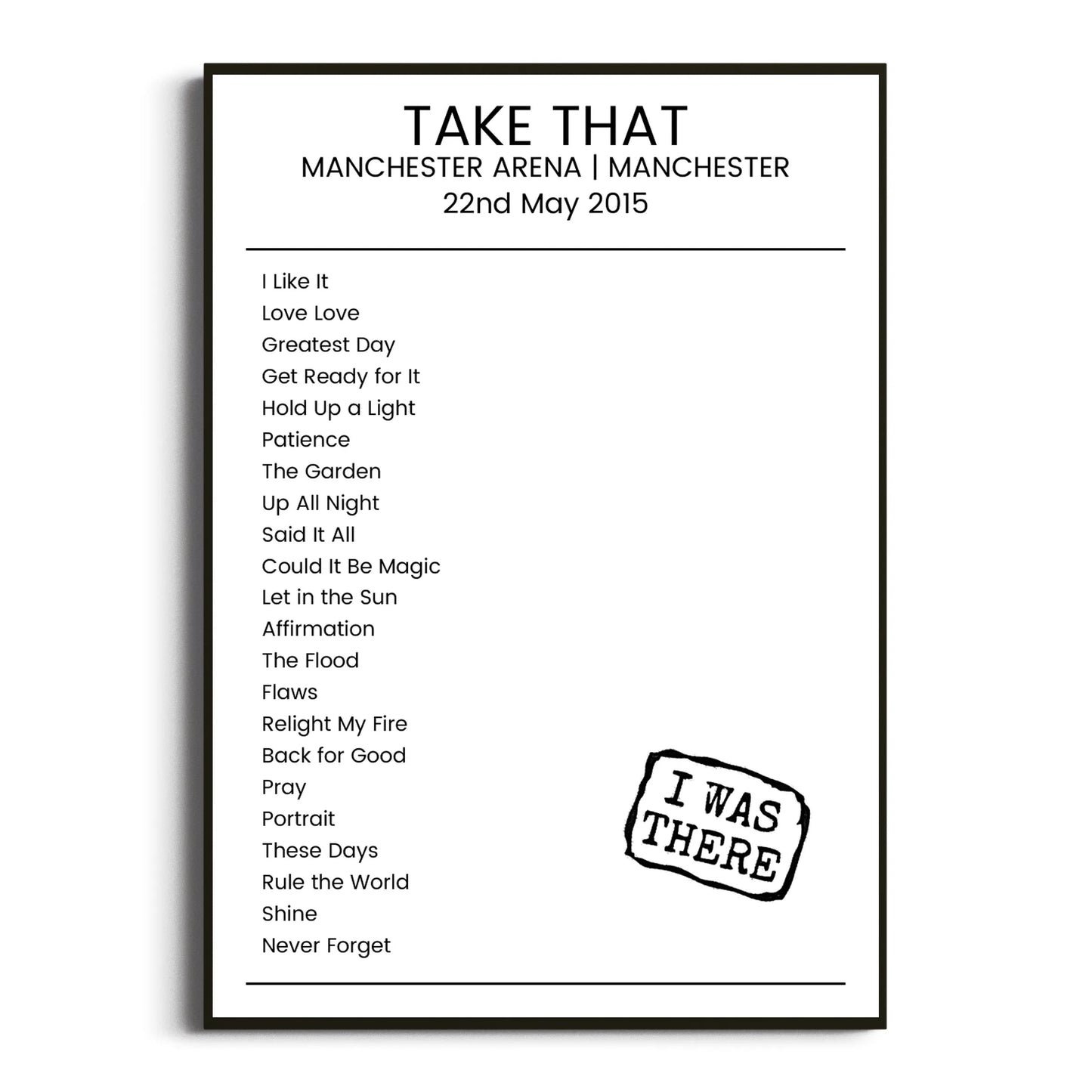 Take That Manchester 22 May 2015 Setlist Poster