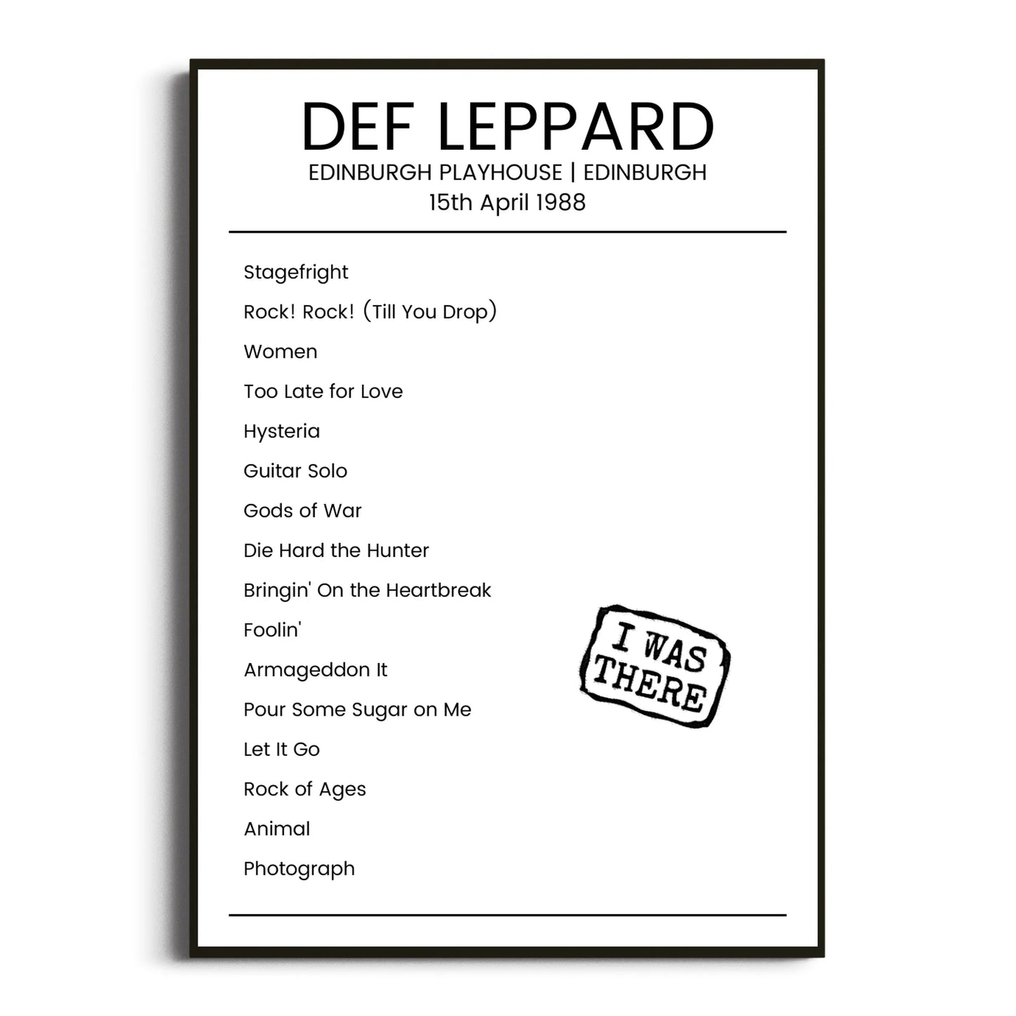 Def Leppard Edinburgh 15 April 1988 Setlist Poster