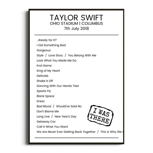 Taylor Swift Columbus 07 July 2018 Setlist Poster