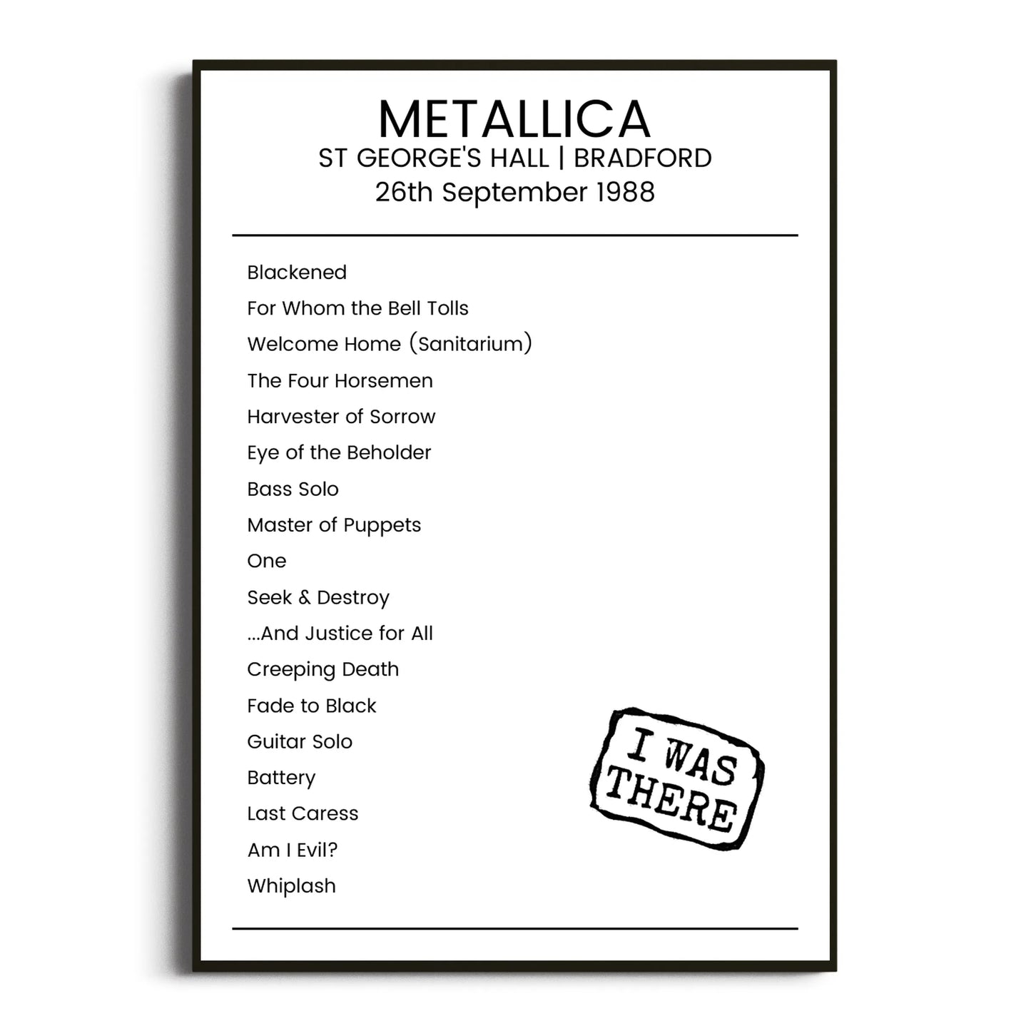 Metallica Bradford 26 September 1988 Setlist Poster