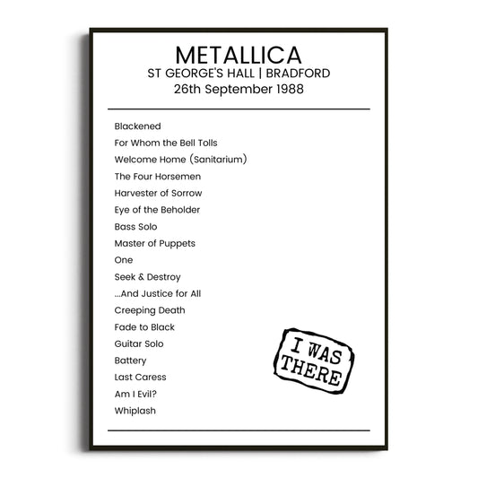 Metallica Bradford 26 September 1988 Setlist Poster