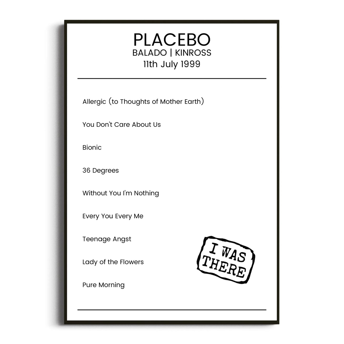 Placebo Kinross 11 July 1999 Setlist Poster