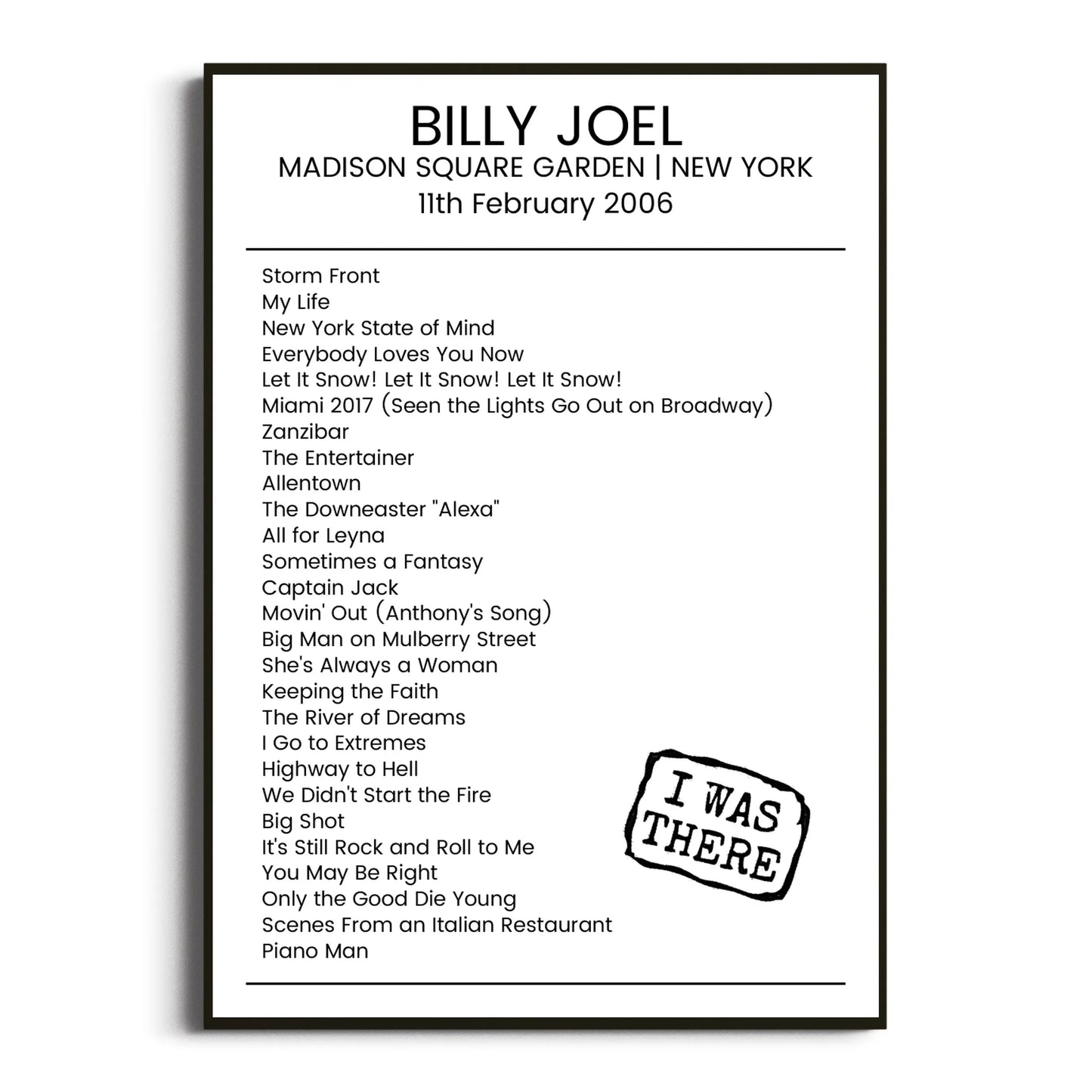 Billy Joel New York 11 February 2006 Setlist Poster