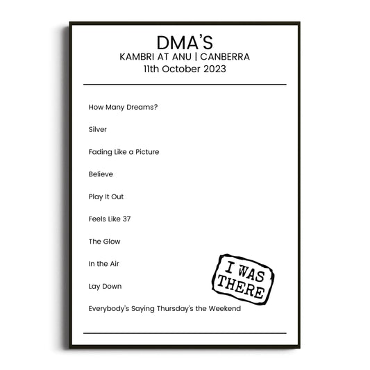 DMA’s Canberra 11 October 2023 Setlist Poster