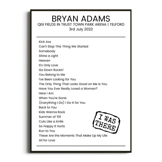 Bryan Adams Telford 03 July 2022 Setlist Poster