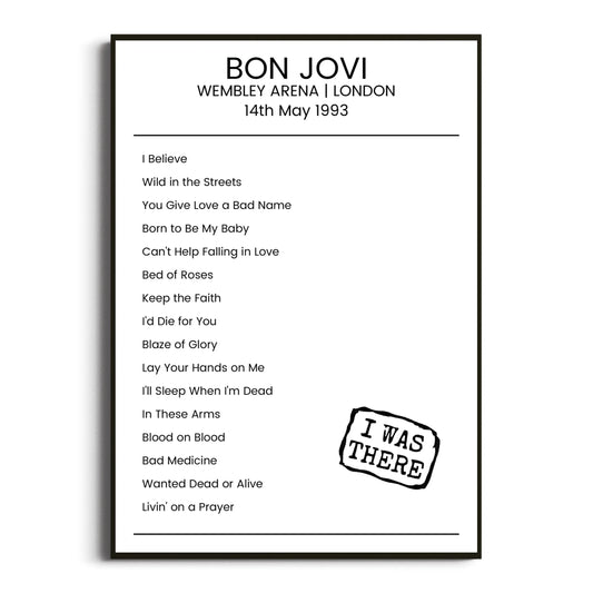 Bon Jovi London 14 May 1993 Setlist Poster