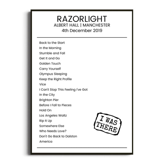 Razorlight Manchester 04 December 2019 Setlist Poster