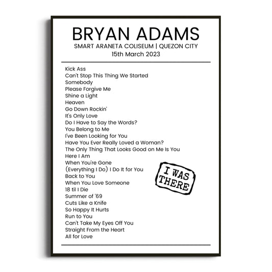 Bryan Adams Quezon City 15 March 2023 Setlist Poster