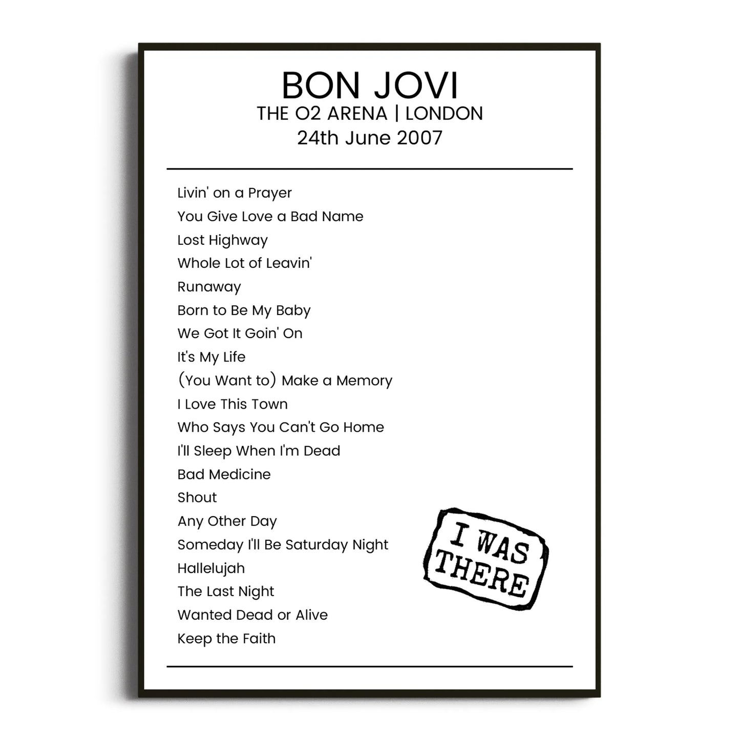 Bon Jovi London 24 June 2007 Setlist Poster