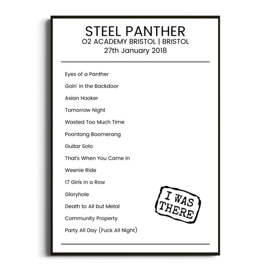 Steel Panther Bristol 27 January 2018 Setlist Poster