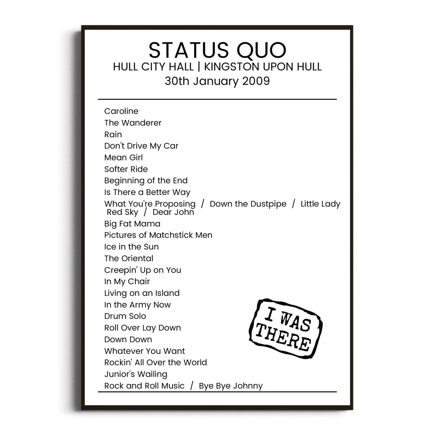 Status Quo Kingston upon Hull 30 January 2009 Setlist Poster