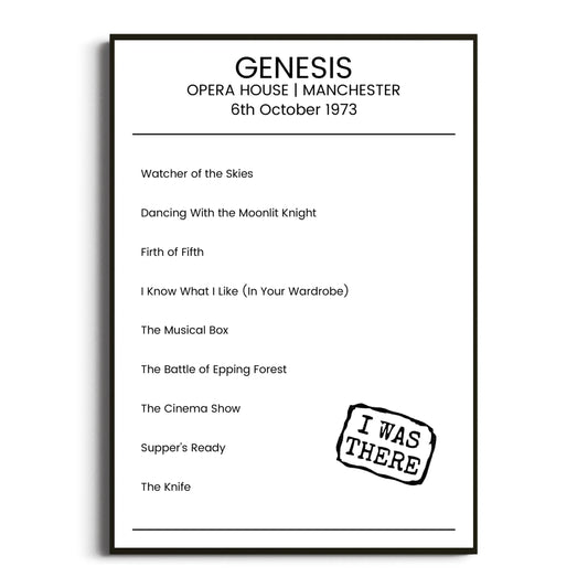 Genesis Manchester 06 October 1973 Setlist Poster