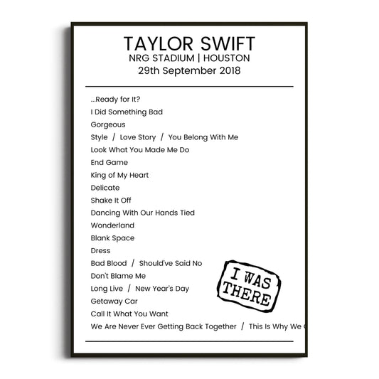 Taylor Swift Houston 29 September 2018 Setlist Poster