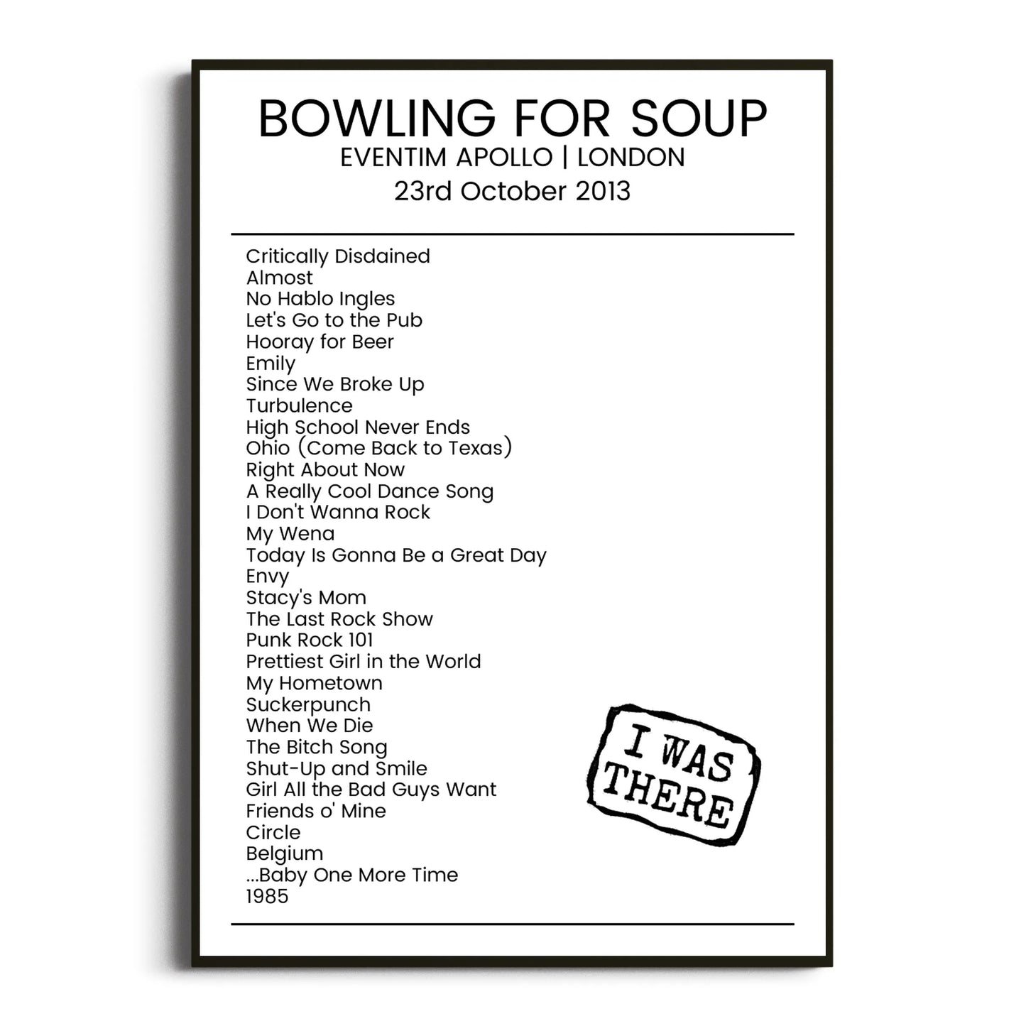 Bowling for Soup London 23 October 2013 Setlist Poster