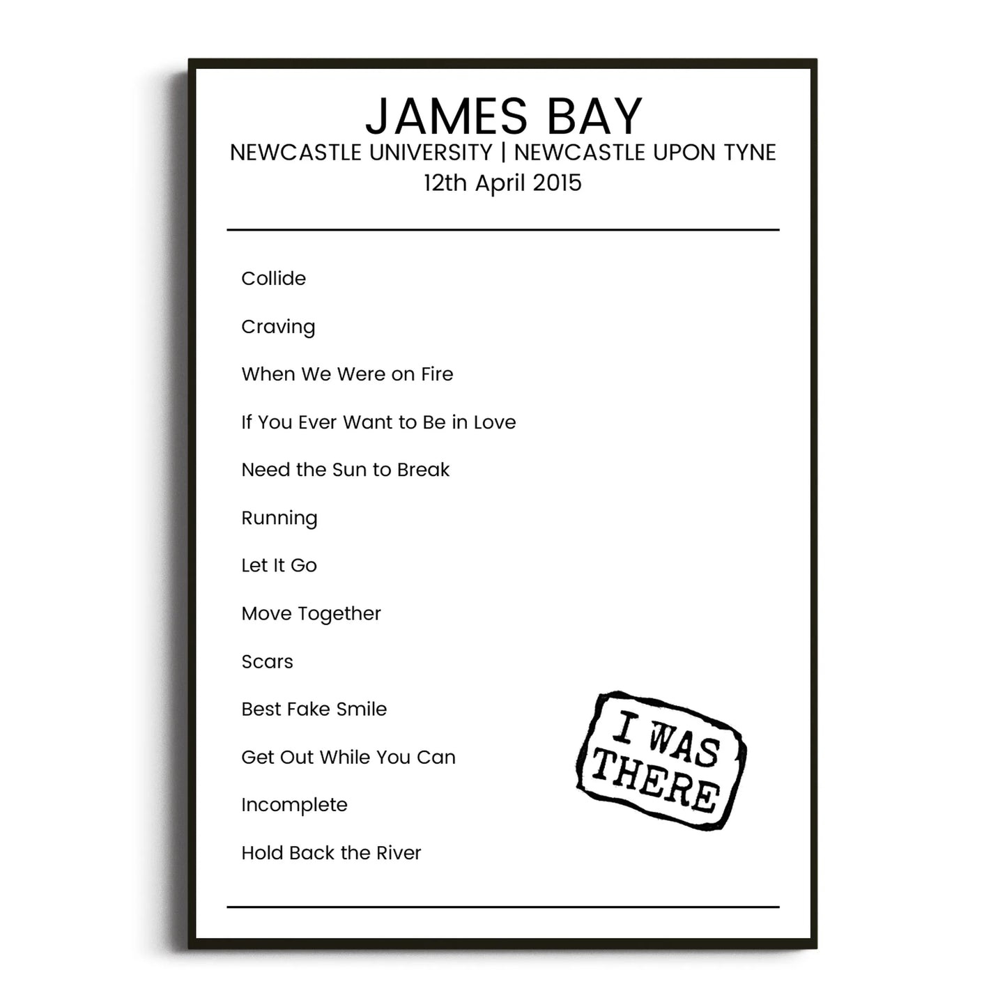 James Bay Newcastle upon Tyne 12 April 2015 Setlist Poster