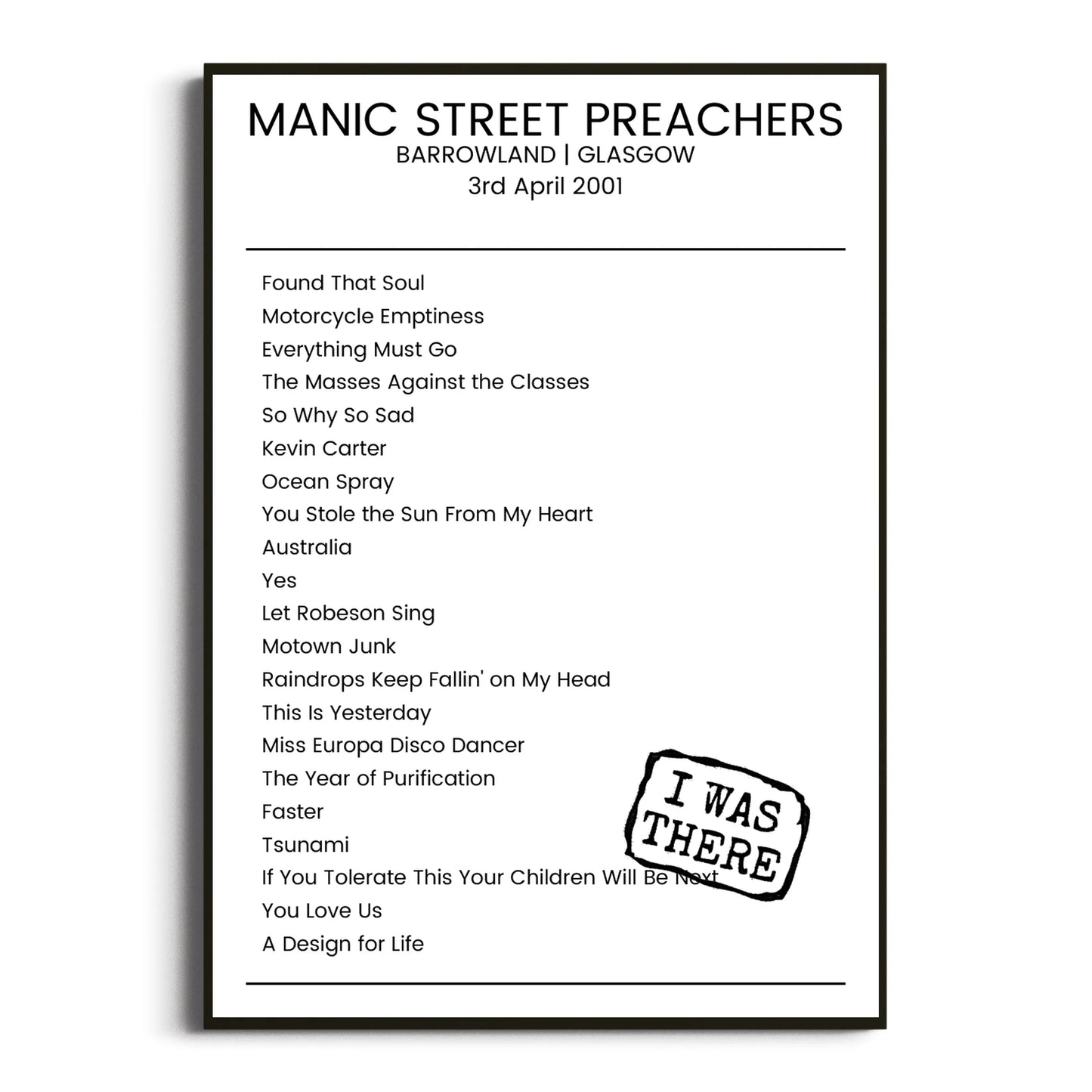 Manic Street Preachers Glasgow 03 April 2001 Setlist Poster