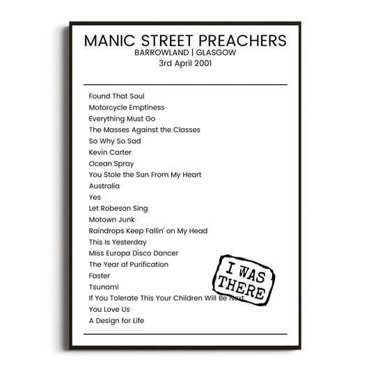 Manic Street Preachers Glasgow 03 April 2001 Setlist Poster